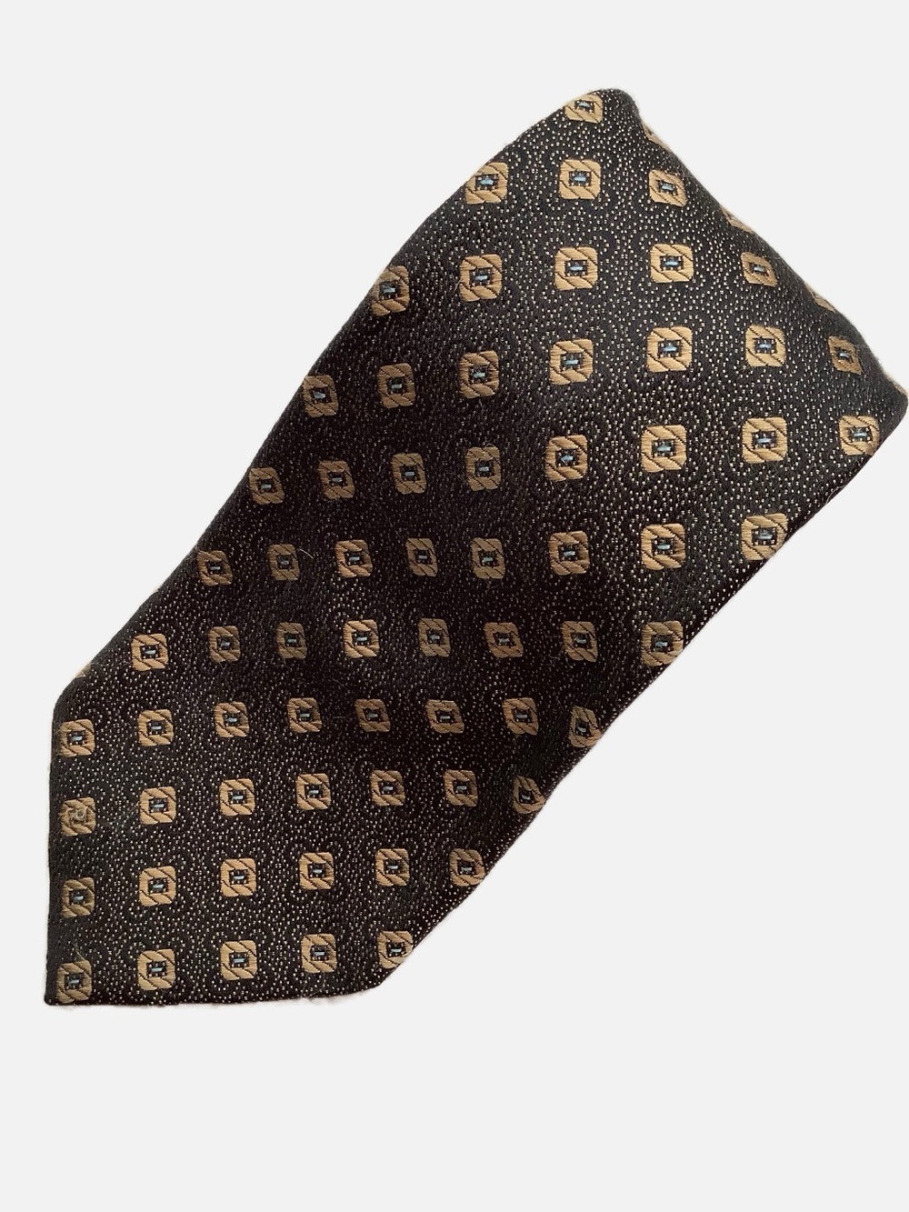 Valentino Men's Silk Tie Black Tan Gold Geometric Pattern Vintage Necktie